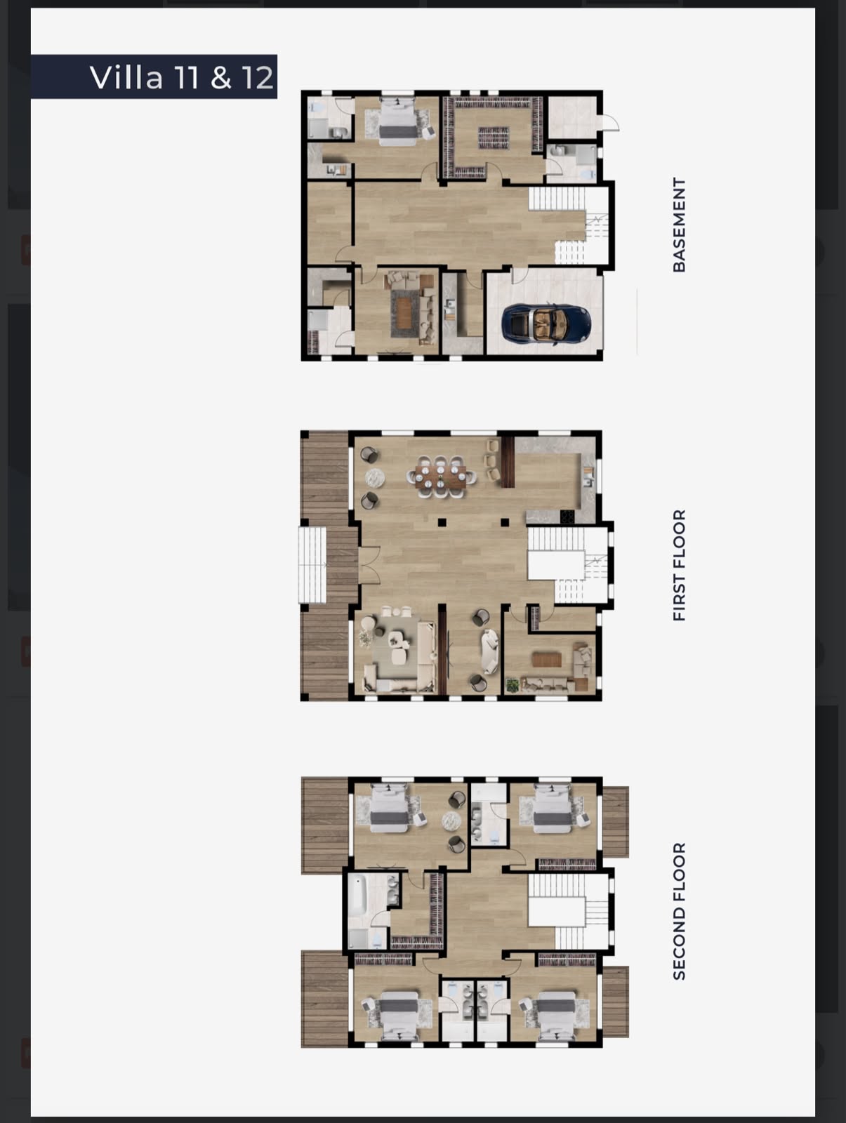 Maisonette floor plans: bedroom and two-car garage in the basement, open-plan living on the first floor, bedrooms on the second