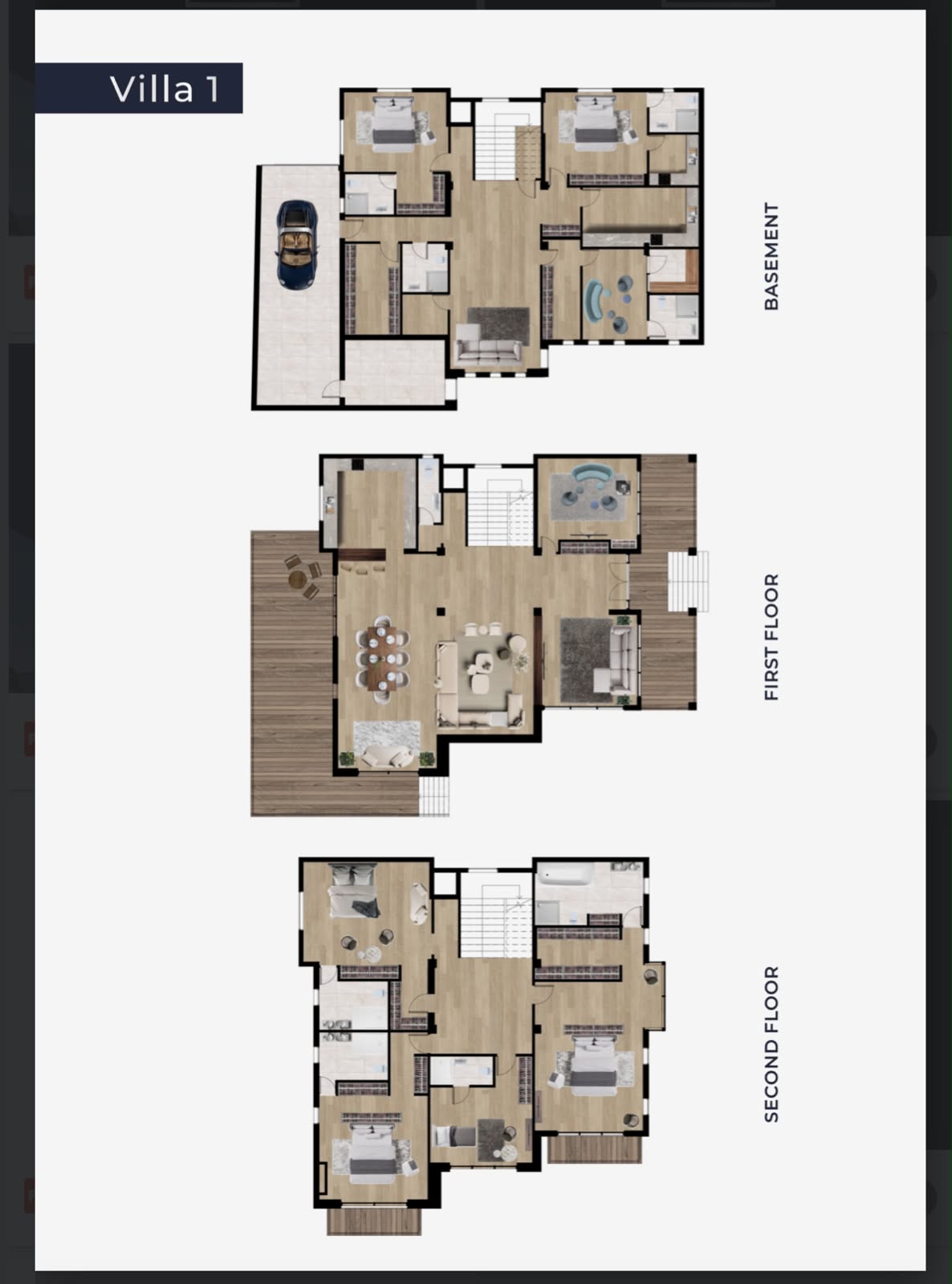 Villa 1 floor plans: three bedrooms and the garage in the basement, open-plan living on the first floor, three bedrooms on the second