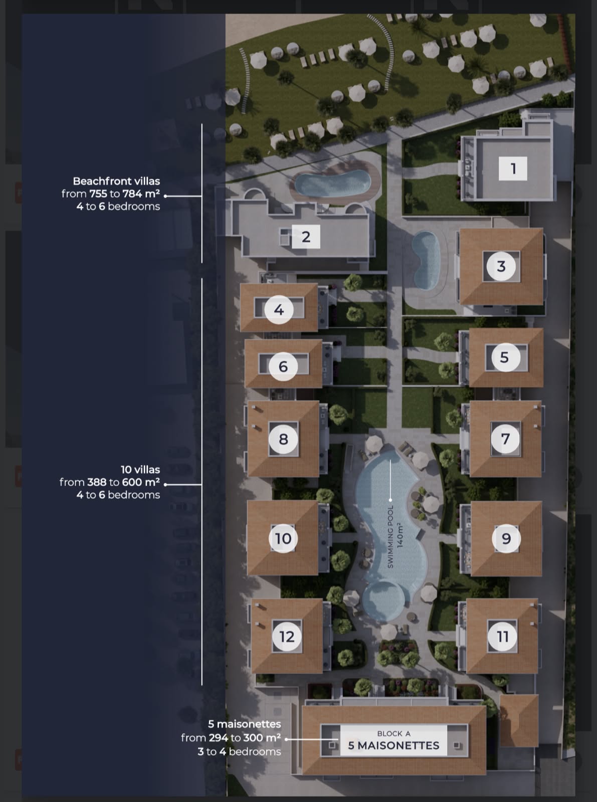 Site plan: villas 1 and 2 on the beach, villas 3 to 12 in two rows either side of the lagoon pool, five maisonettes in Block A